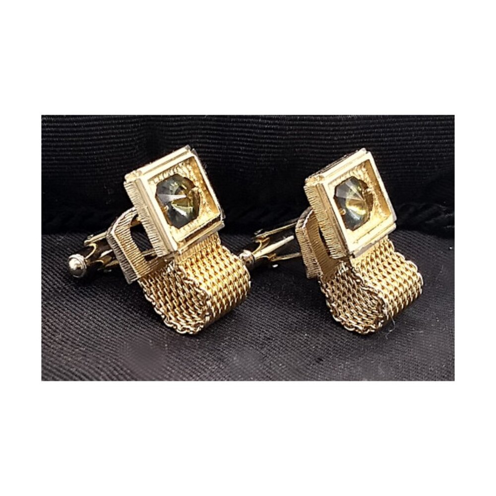 Men's Gold Mesh and Smoky Topaz Color Stones Cufflinks - Vintage